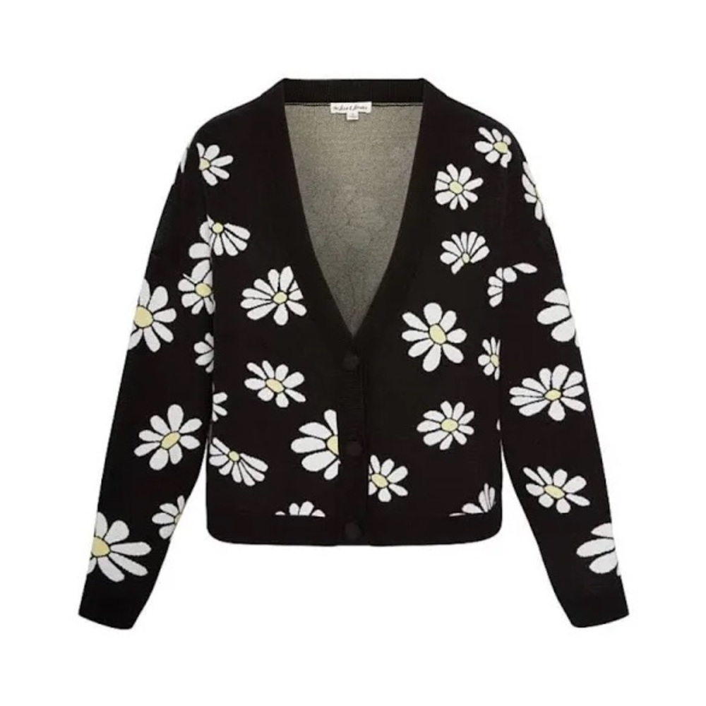 For Love & Lemons Black Daisy Print Sweater Button Oversized Cardigan NEW Large - Picture 1 of 8